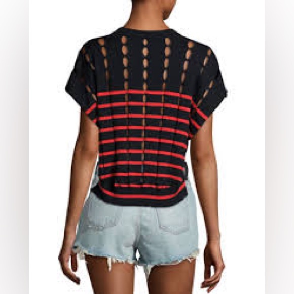 T BY ALEXANDER WANG Short-Sleeve Striped Slit Crewneck Pullover Sweater, Blue/Re - Picture 2 of 5